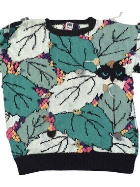 Vintage Mabel’s 3D Mouse Cat Novelty Knit Sweater Oversized Leaf Design L XL